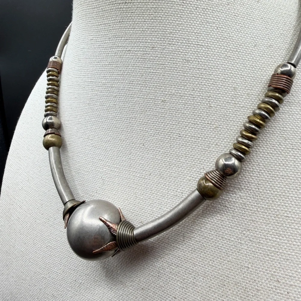 Mixed Metal Orb Collar Necklace Silver Copper & Brass Tone Statement Artisan